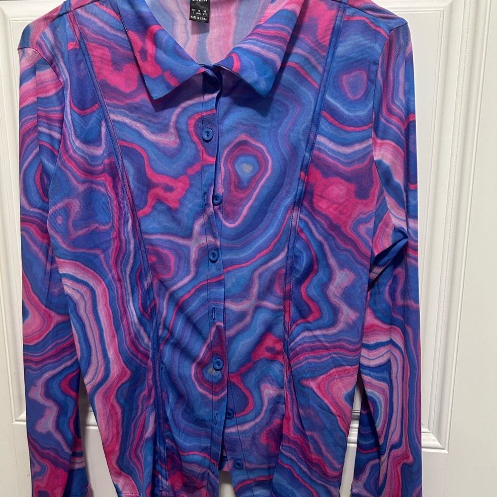 SHEIN Blue and Pink Swirl Shirt